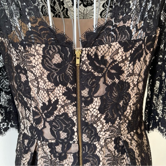Milly Celia 3/4 Sleeve short Dress SZ 4 Black Lace Blush silk Lining Scallop Hem - Picture 7 of 11